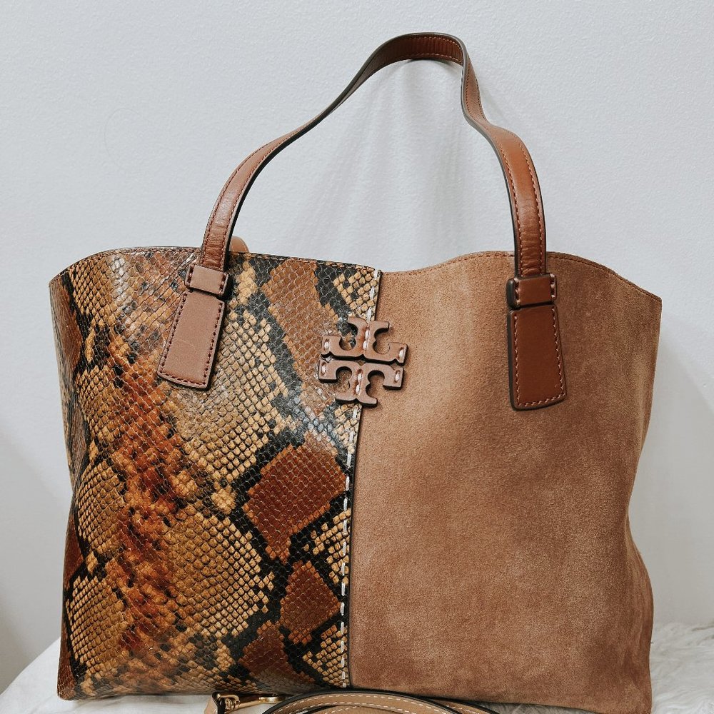Tory Burch McGraw Snake-Embossed Leather & Suede Tote
